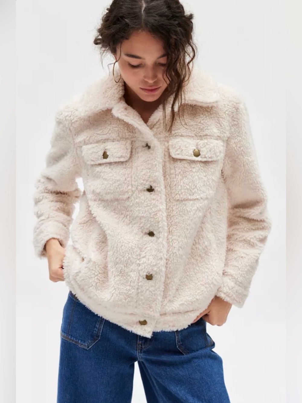 Beyond Yoga Rider Sherpa Shacket Ivory Cozy Fleece Button Front Jacket Large